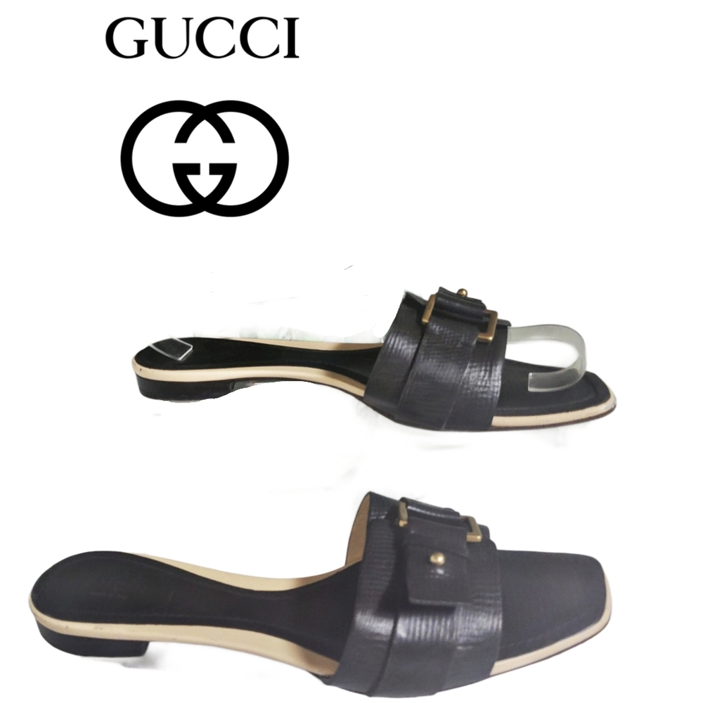 Gucci Slides Womens Size 8.5 B Embossed Leather Buckle Sandals Italy Shoes - Picture 3 of 16